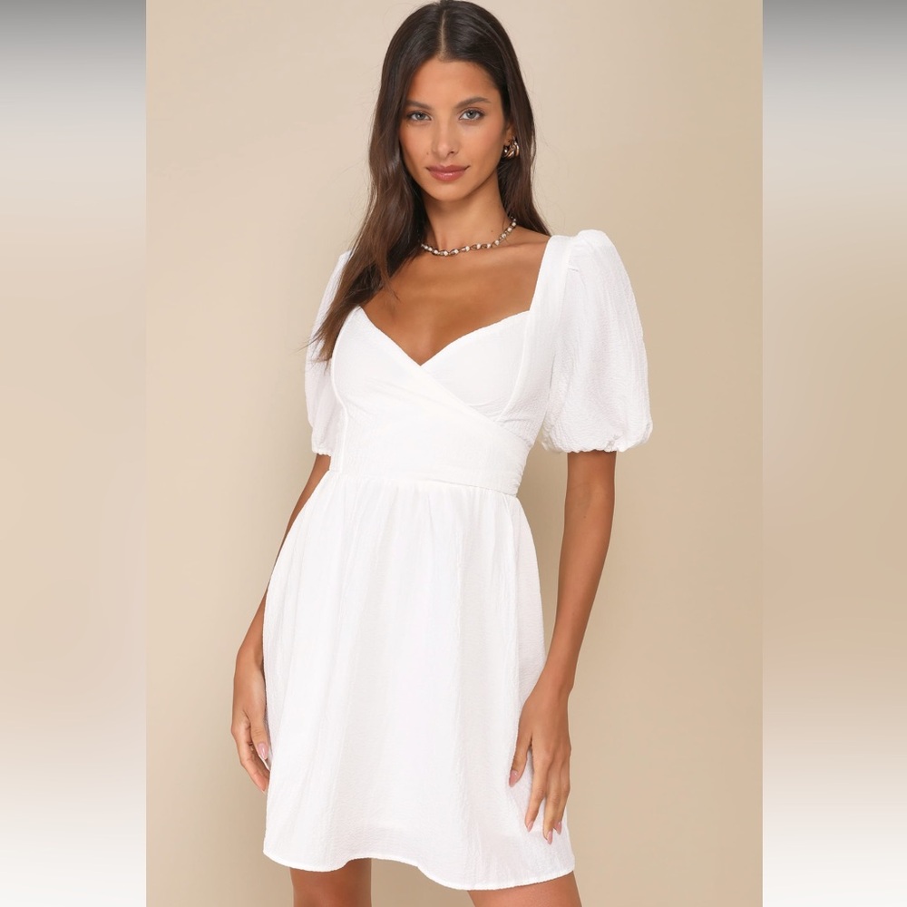 Little Bit In Love White Surplice Puff Sleeve Mini Dress